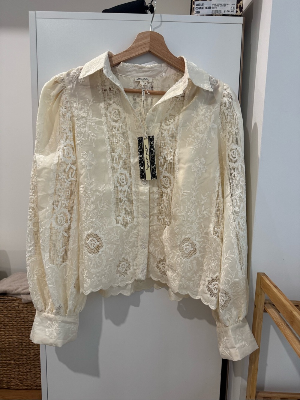 New w/Tags Lace-Panel Button-Front Blouse in Cream